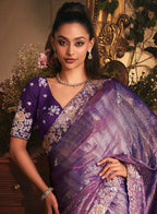 Monjolika Fashion Designer Purple Tissue Organza Saree With All Over Butta Work & Heavy Stone Embellished Border | Grocsy