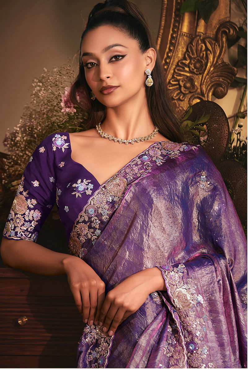 Monjolika Fashion Designer Purple Tissue Organza Saree With All Over Butta Work & Heavy Stone Embellished Border | Grocsy