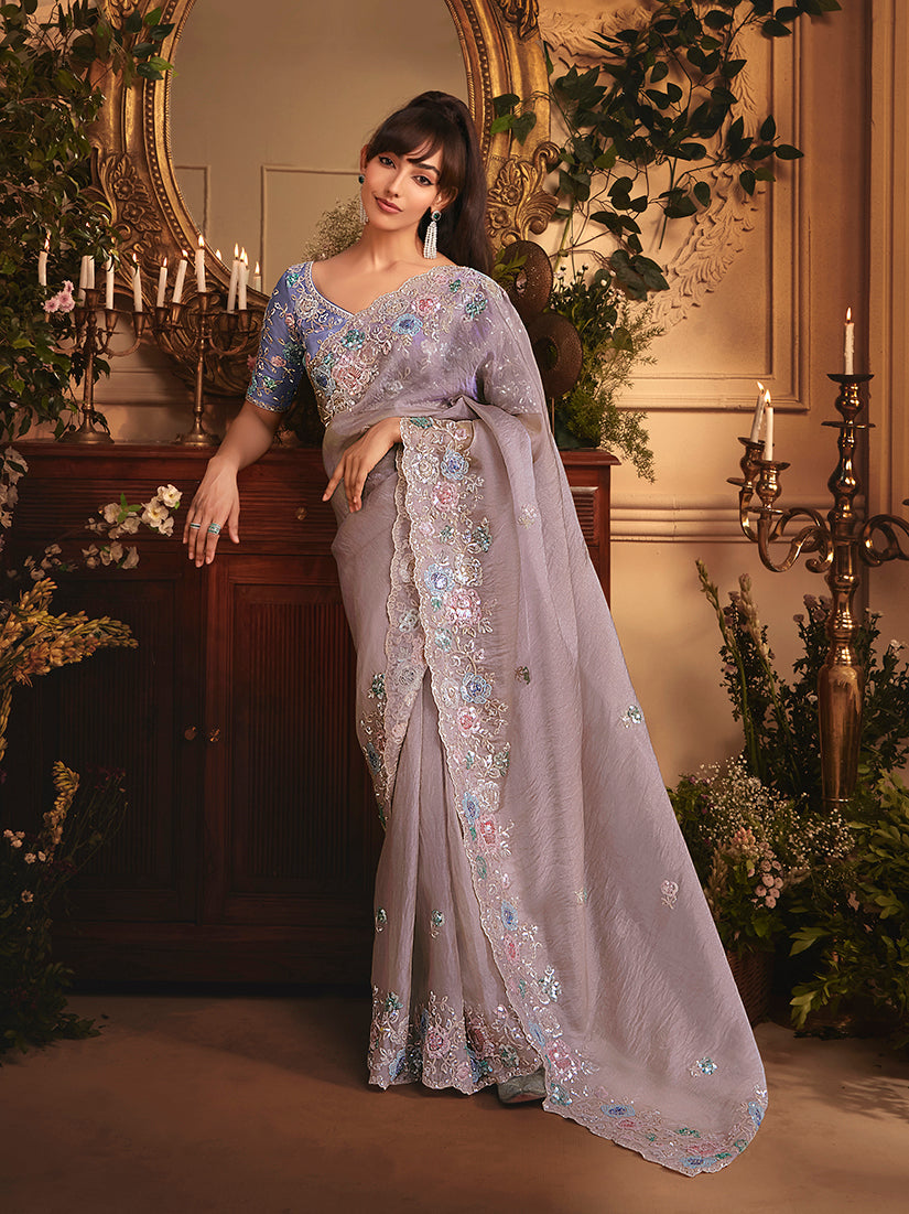 Monjolika Fashion Designer Light Lilac Tissue Organza Saree With All Over Butta Work & Heavy Stone Embellished Border | Grocsy
