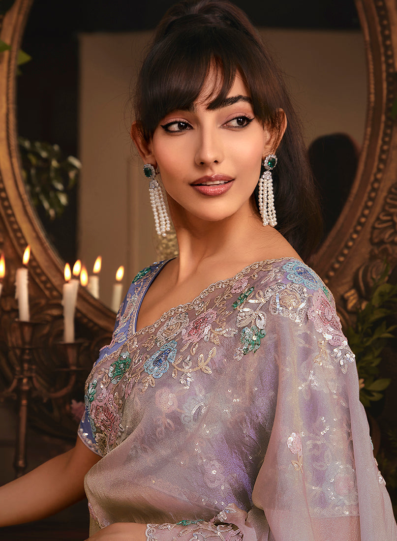 Monjolika Fashion Designer Light Lilac Tissue Organza Saree With All Over Butta Work & Heavy Stone Embellished Border | Grocsy