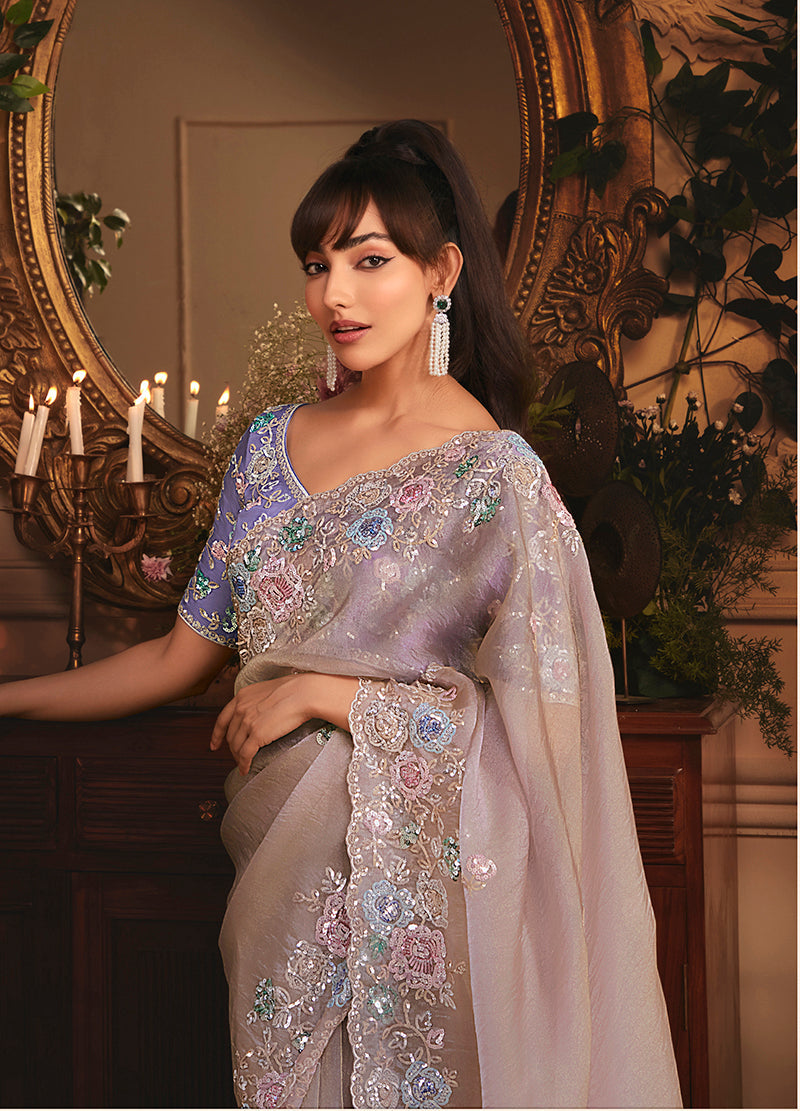 Monjolika Fashion Designer Light Lilac Tissue Organza Saree With All Over Butta Work & Heavy Stone Embellished Border | Grocsy