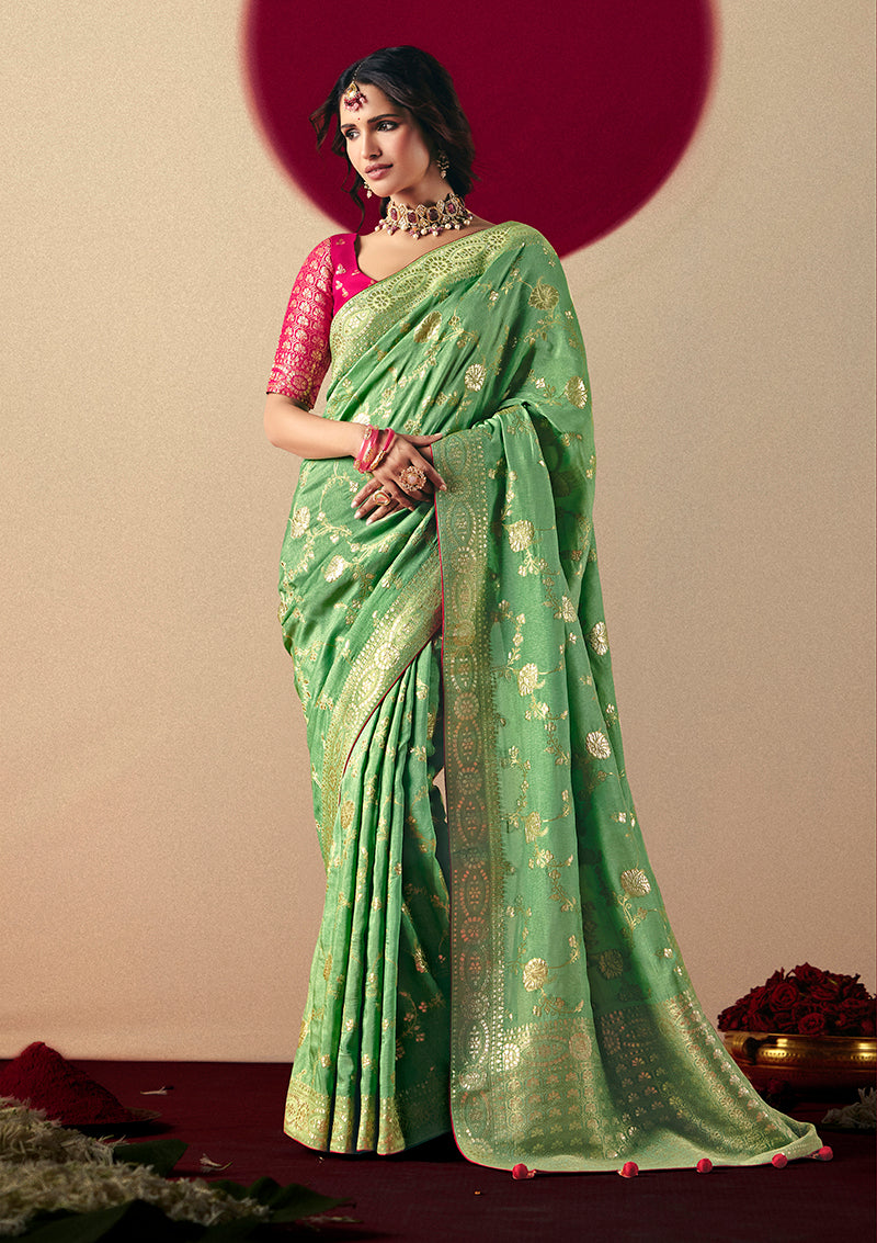 Monjolika Fashion Viscose Silk Green Saree With Rich Zari Weaving & Designer Tassels | Grocsy
