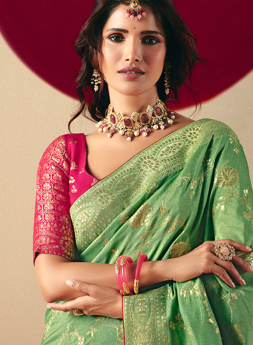 Monjolika Fashion Viscose Silk Green Saree With Rich Zari Weaving & Designer Tassels | Grocsy