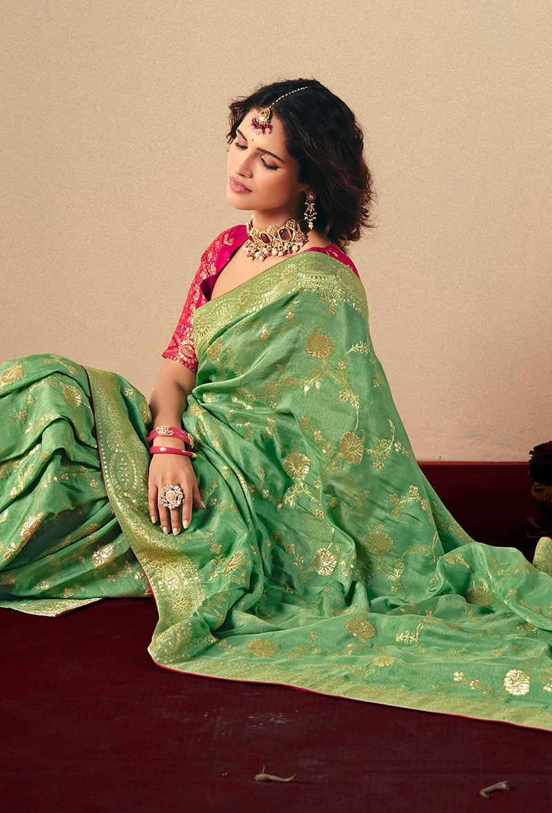 Monjolika Fashion Viscose Silk Green Saree With Rich Zari Weaving & Designer Tassels | Grocsy
