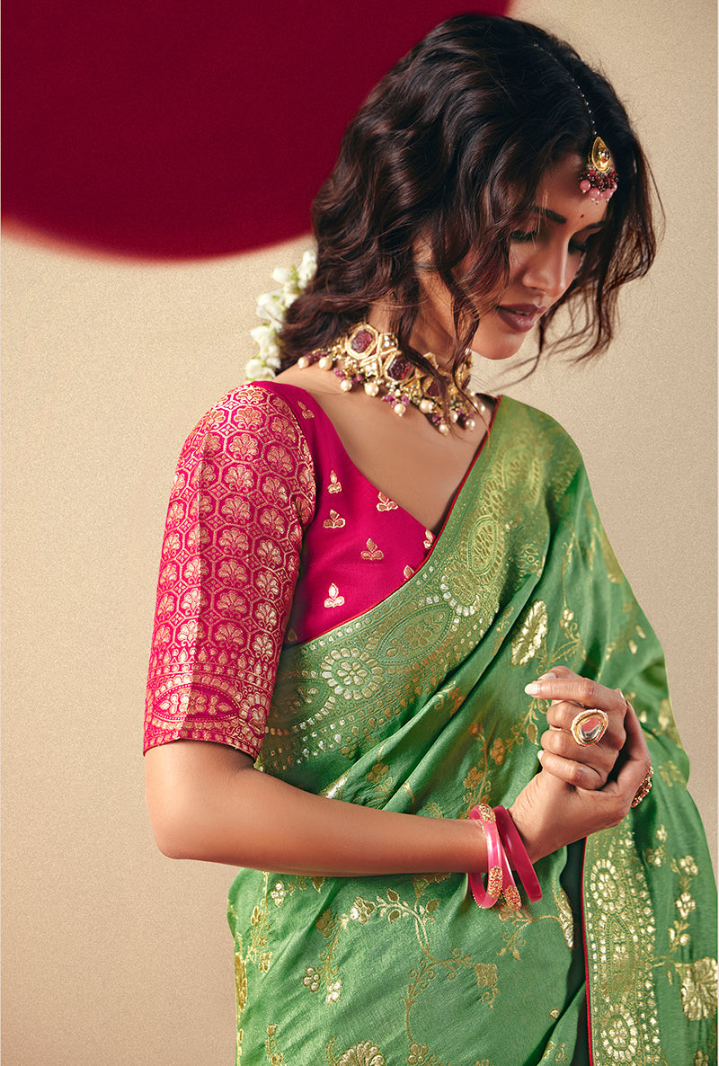 Monjolika Fashion Viscose Silk Green Saree With Rich Zari Weaving & Designer Tassels | Grocsy