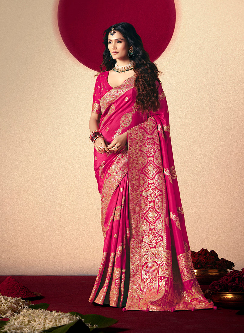 Monjolika Fashion Viscose Silk Rani Pink Saree With Rich Zari Weaving & Designer Tassels | Grocsy