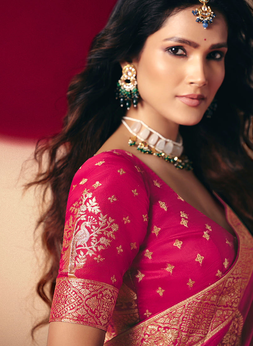 Monjolika Fashion Viscose Silk Rani Pink Saree With Rich Zari Weaving & Designer Tassels | Grocsy