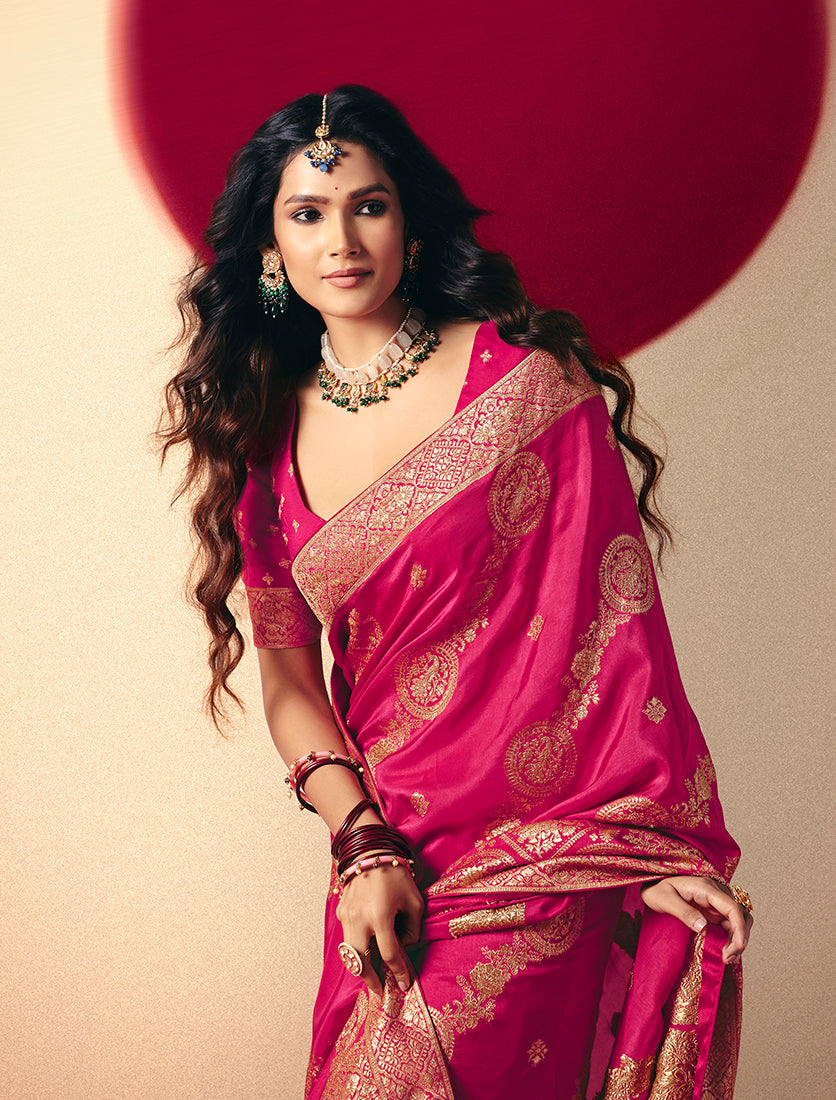 Monjolika Fashion Viscose Silk Rani Pink Saree With Rich Zari Weaving & Designer Tassels | Grocsy