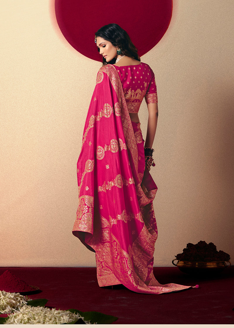 Monjolika Fashion Viscose Silk Rani Pink Saree With Rich Zari Weaving & Designer Tassels | Grocsy
