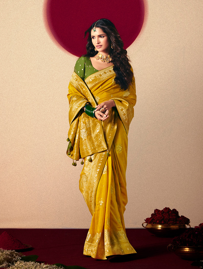 Monjolika Fashion Viscose Silk Mustard Saree With Rich Zari Weaving & Designer Tassels | Grocsy