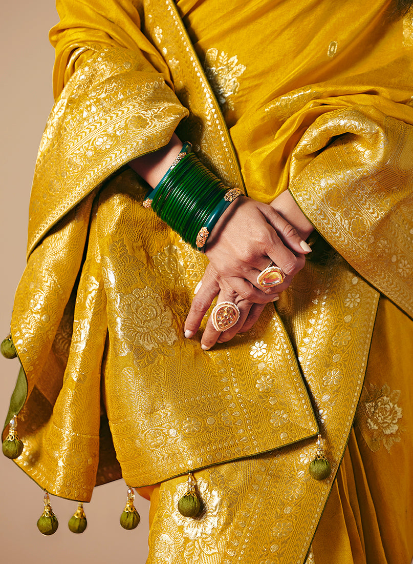 Monjolika Fashion Viscose Silk Mustard Saree With Rich Zari Weaving & Designer Tassels | Grocsy
