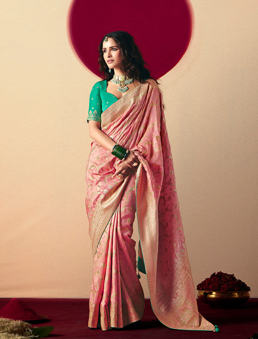 Monjolika Fashion Viscose Silk Light Pink Saree With Rich Zari Weaving & Designer Tassels | Grocsy