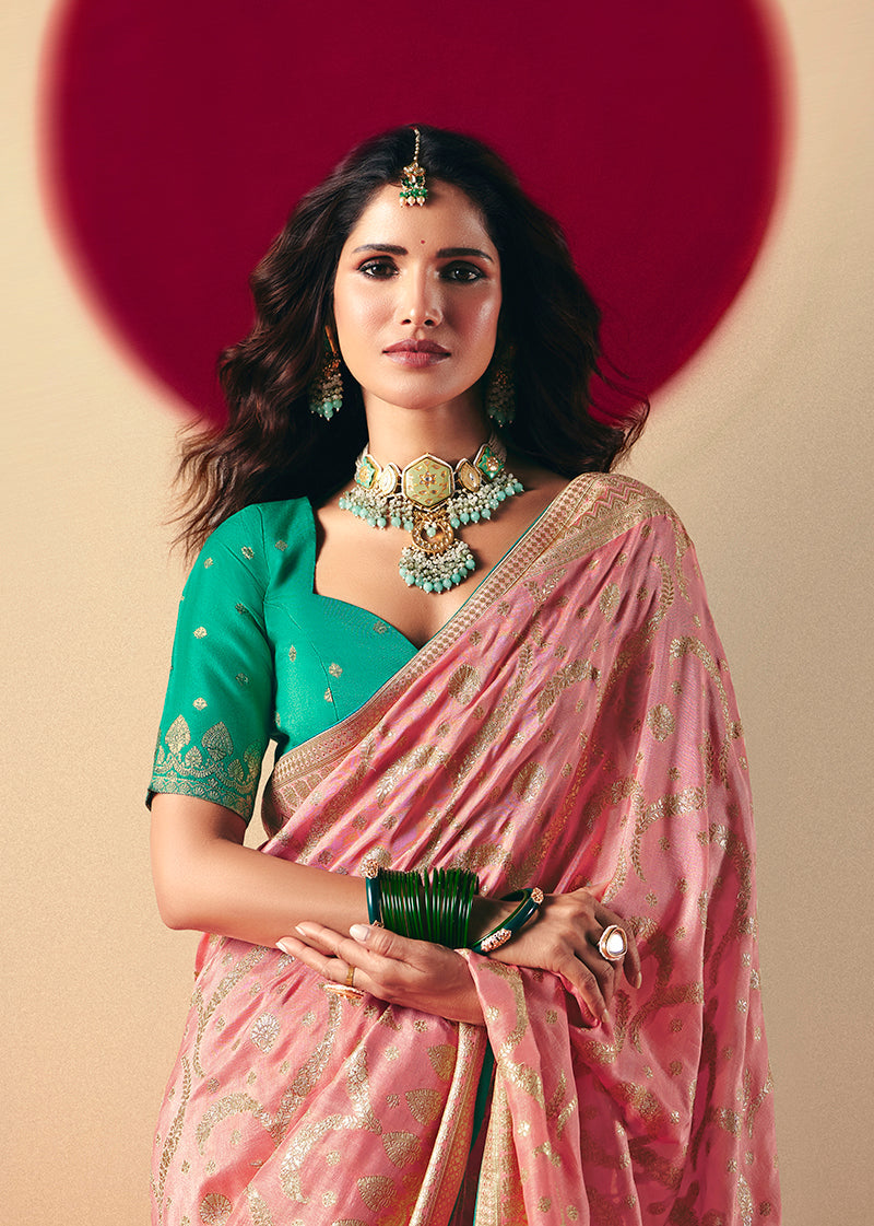 Monjolika Fashion Viscose Silk Light Pink Saree With Rich Zari Weaving & Designer Tassels | Grocsy