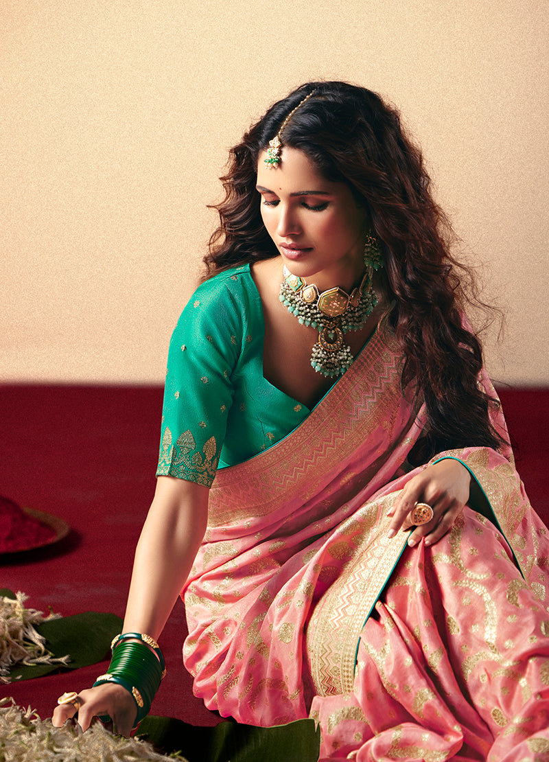 Monjolika Fashion Viscose Silk Light Pink Saree With Rich Zari Weaving & Designer Tassels | Grocsy