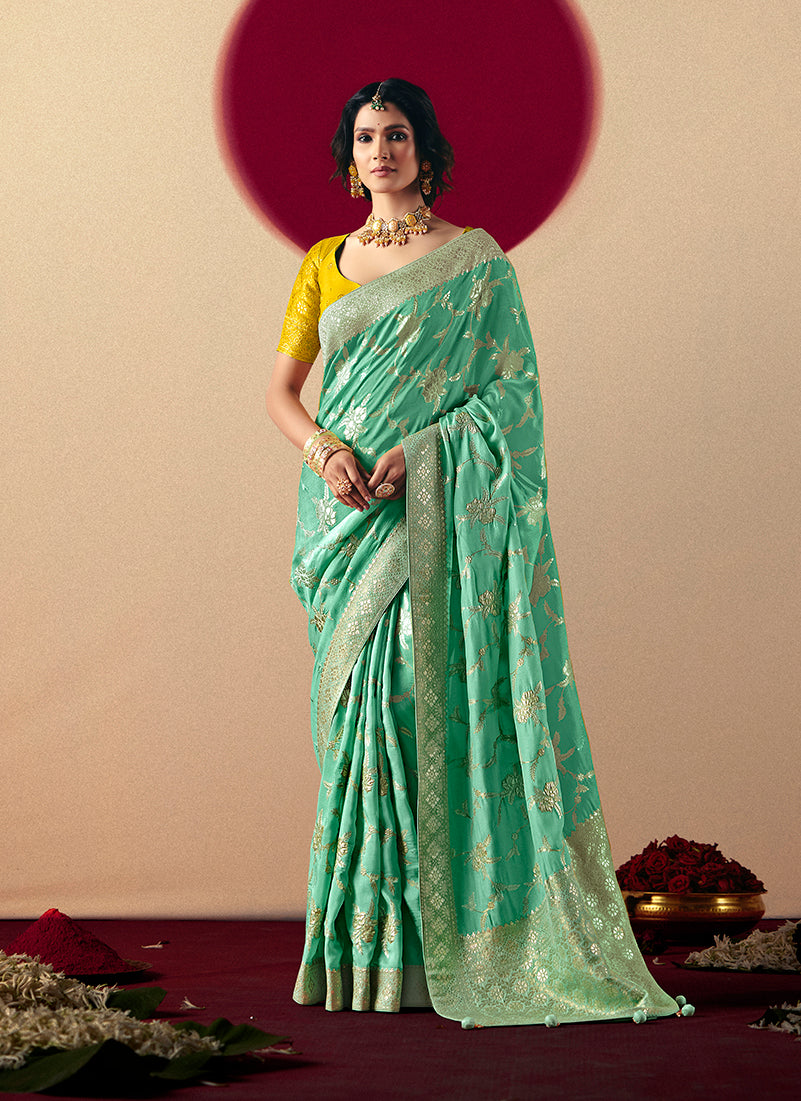 Monjolika Fashion Viscose Silk Sea Green Saree With Rich Zari Weaving & Designer Tassels | Grocsy