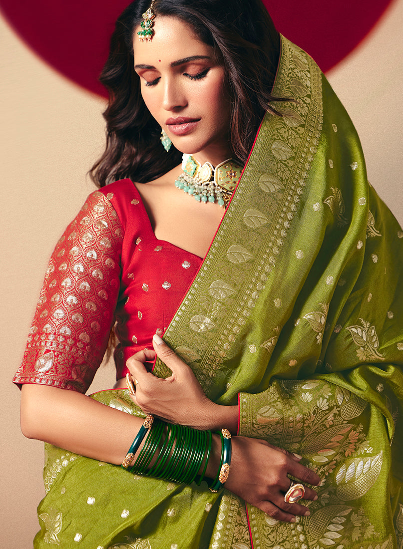 Monjolika Fashion Viscose Silk Olive Green Saree With Rich Zari Weaving & Designer Tassels | Grocsy