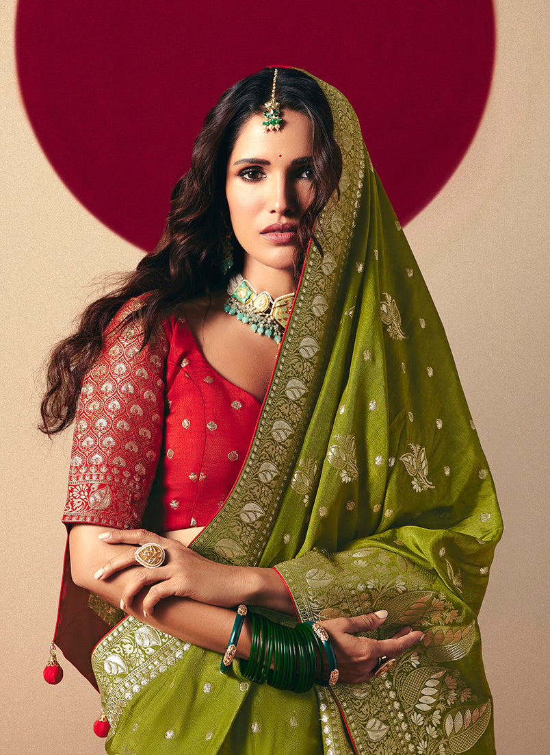 Monjolika Fashion Viscose Silk Olive Green Saree With Rich Zari Weaving & Designer Tassels | Grocsy