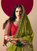 Monjolika Fashion Viscose Silk Olive Green Saree With Rich Zari Weaving & Designer Tassels | Grocsy