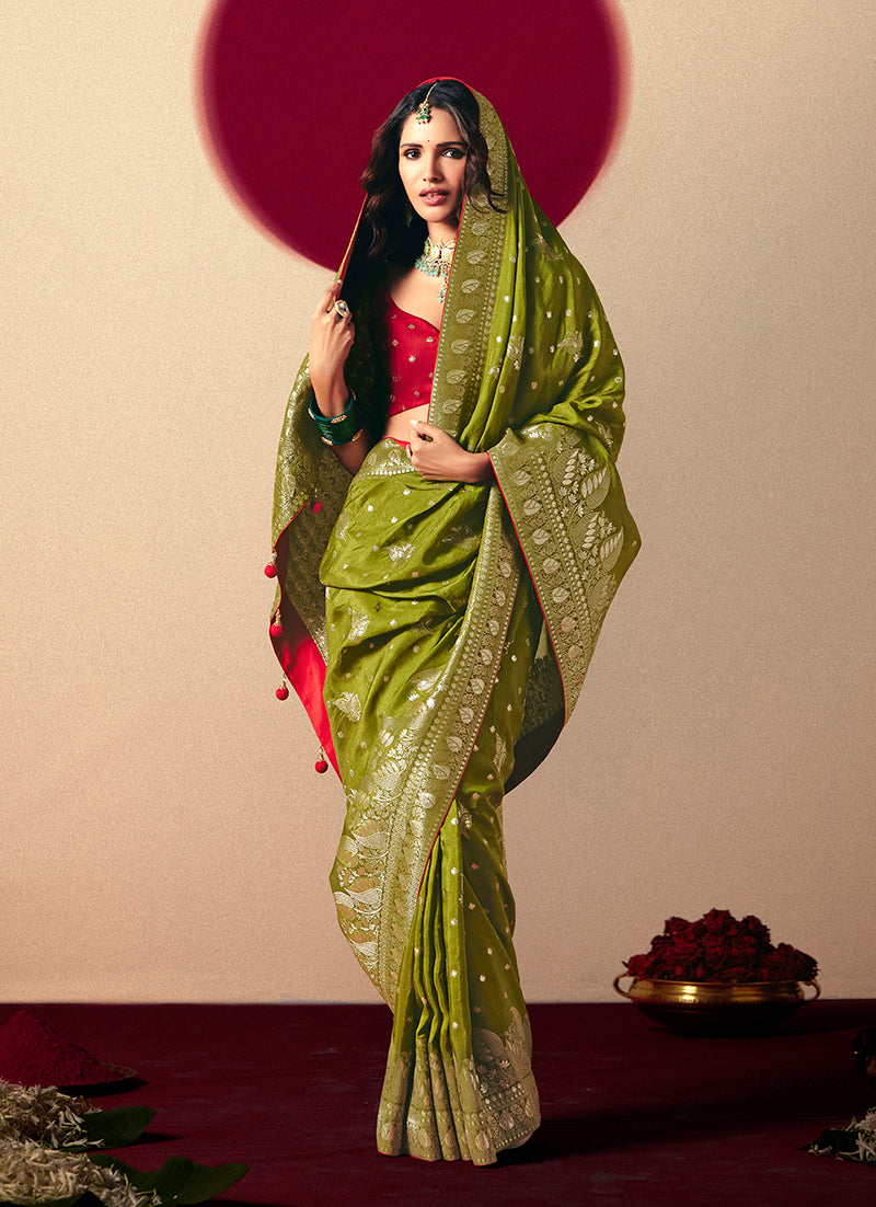 Monjolika Fashion Viscose Silk Olive Green Saree With Rich Zari Weaving & Designer Tassels | Grocsy