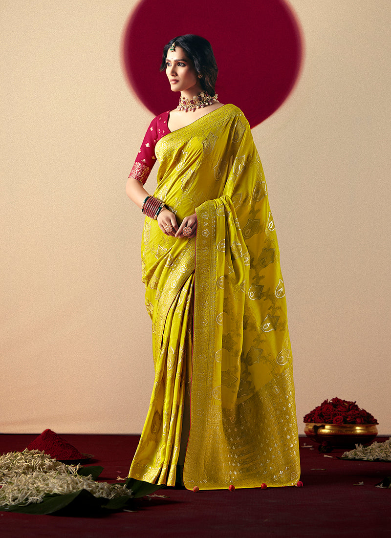 Monjolika Fashion Viscose Silk Pear Saree With Rich Zari Weaving & Designer Tassels | Grocsy
