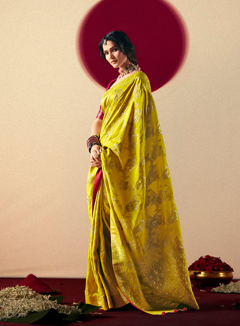 Monjolika Fashion Viscose Silk Pear Saree With Rich Zari Weaving & Designer Tassels | Grocsy
