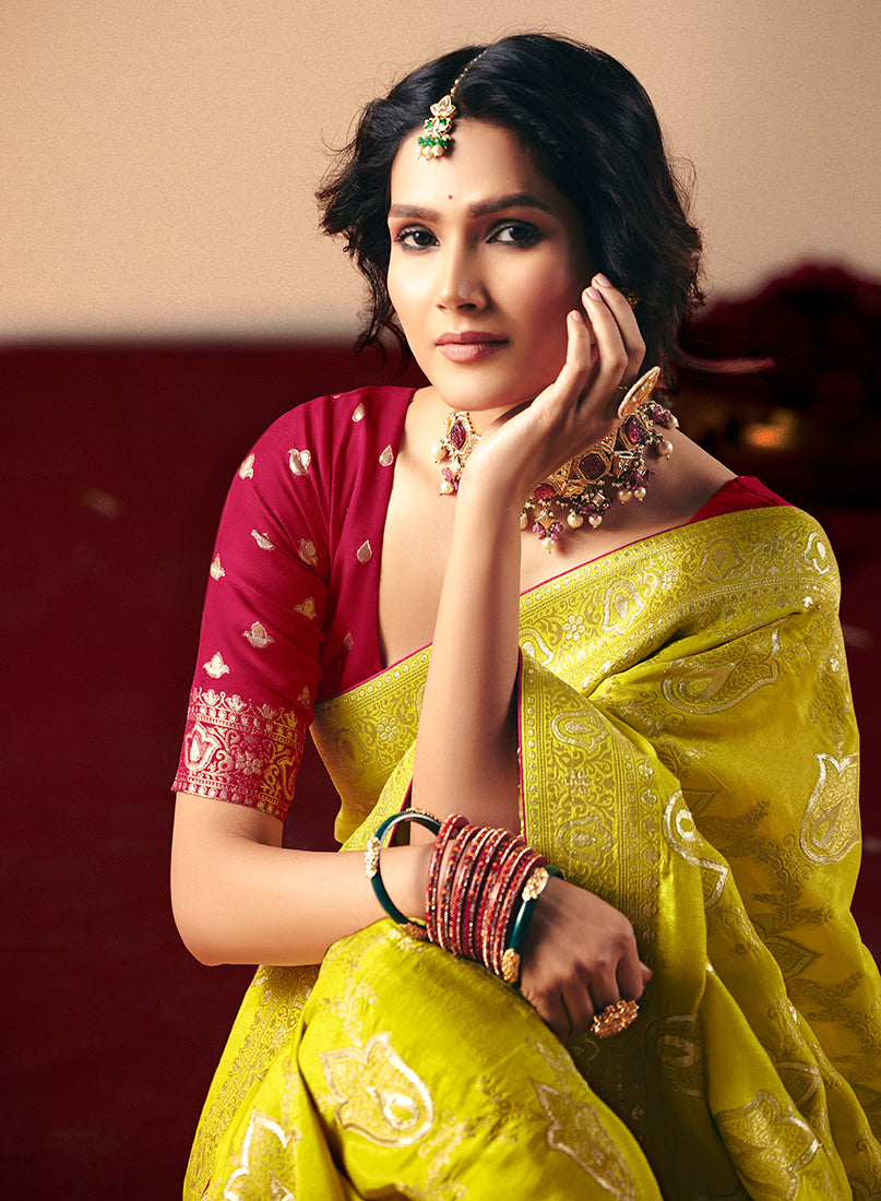 Monjolika Fashion Viscose Silk Pear Saree With Rich Zari Weaving & Designer Tassels | Grocsy