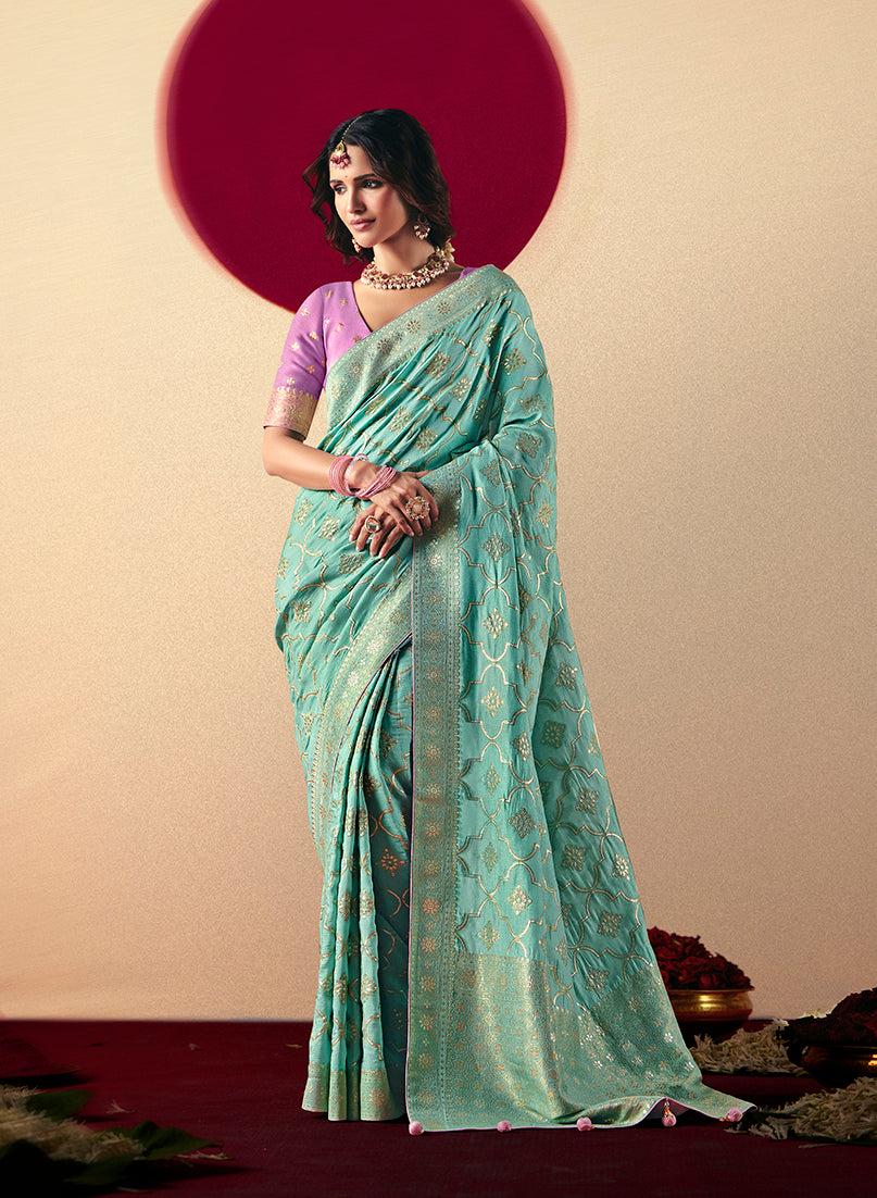 Monjolika Fashion Viscose Silk Aqua Blue Saree With Rich Zari Weaving & Designer Tassels | Grocsy