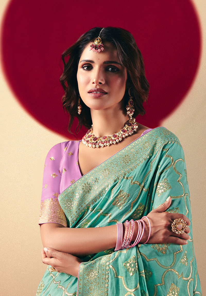 Monjolika Fashion Viscose Silk Aqua Blue Saree With Rich Zari Weaving & Designer Tassels | Grocsy