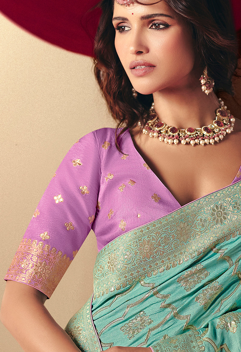 Monjolika Fashion Viscose Silk Aqua Blue Saree With Rich Zari Weaving & Designer Tassels | Grocsy