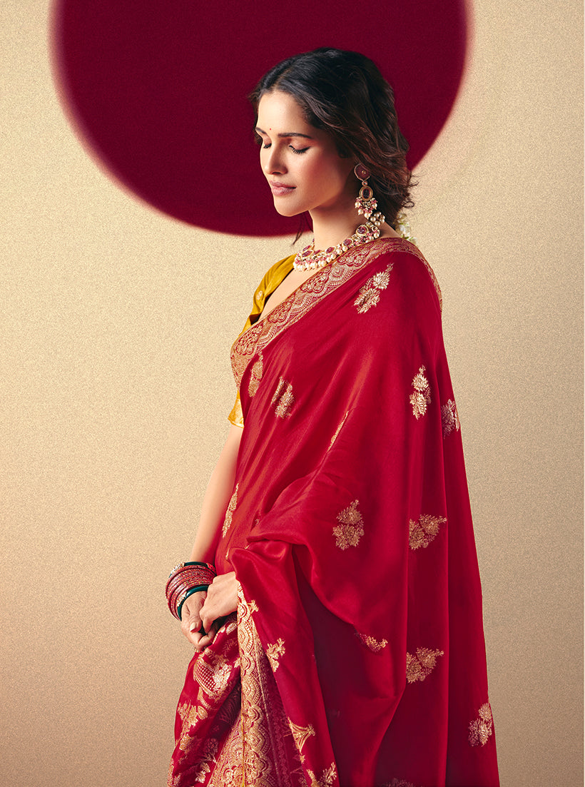 Monjolika Fashion Viscose Silk Red Saree With Rich Zari Weaving & Designer Tassels | Grocsy