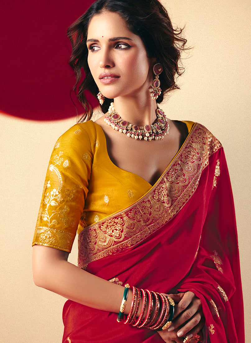 Monjolika Fashion Viscose Silk Red Saree With Rich Zari Weaving & Designer Tassels | Grocsy