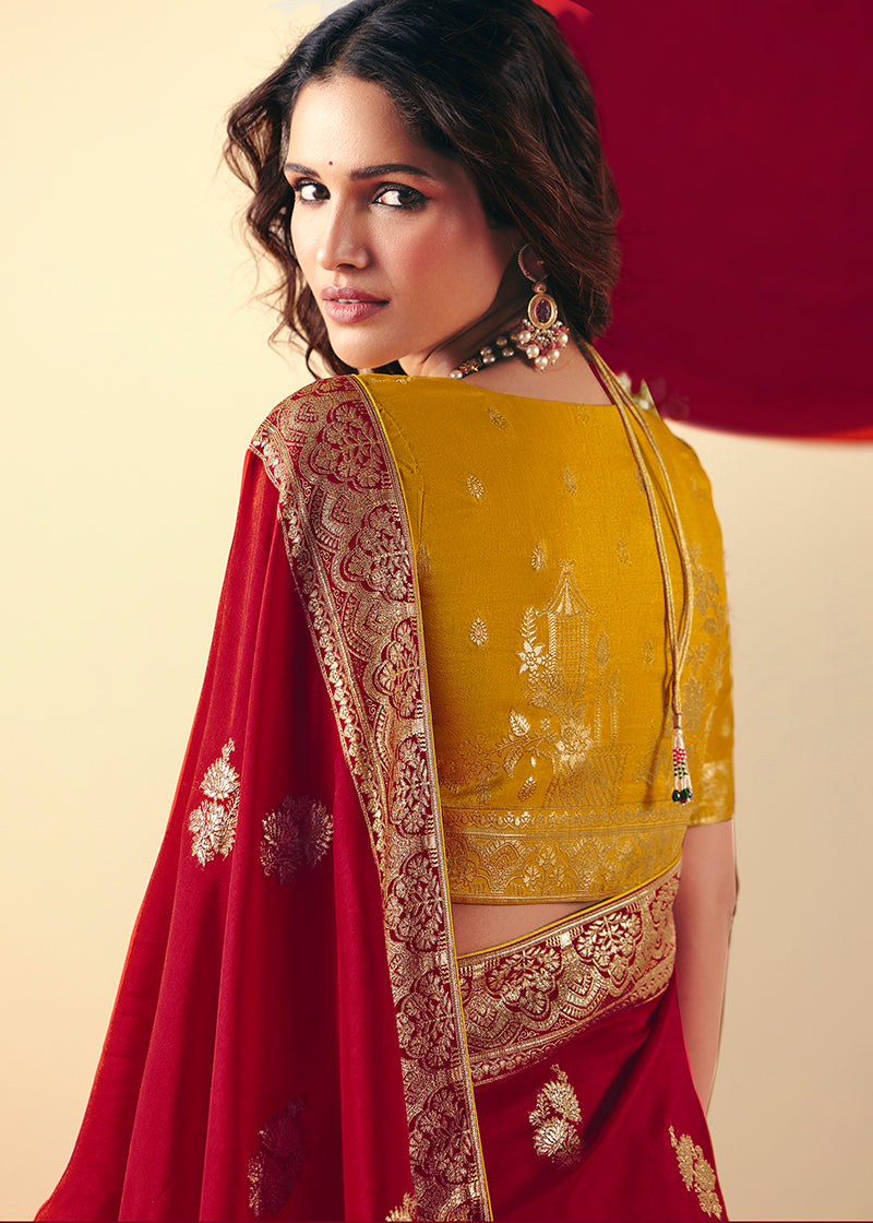 Monjolika Fashion Viscose Silk Red Saree With Rich Zari Weaving & Designer Tassels | Grocsy