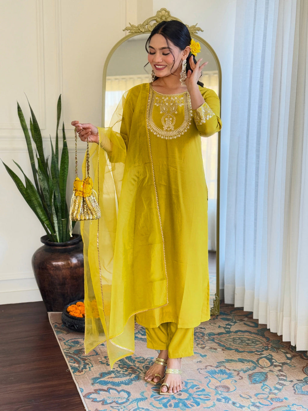 The52 Beautiful Embroidery Work with Rayon Slub Fabric Straight Kurta, Pant and Dupatta Set | Grocsy