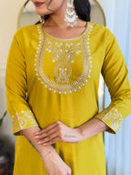 The52 Beautiful Embroidery Work with Rayon Slub Fabric Straight Kurta, Pant and Dupatta Set | Grocsy