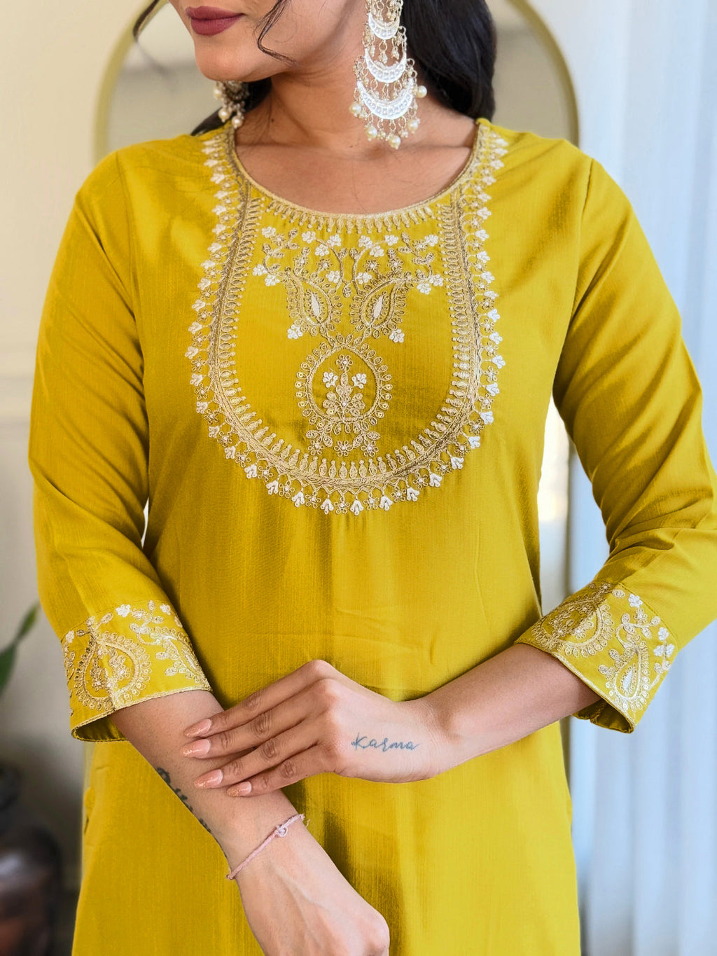 The52 Beautiful Embroidery Work with Rayon Slub Fabric Straight Kurta, Pant and Dupatta Set | Grocsy
