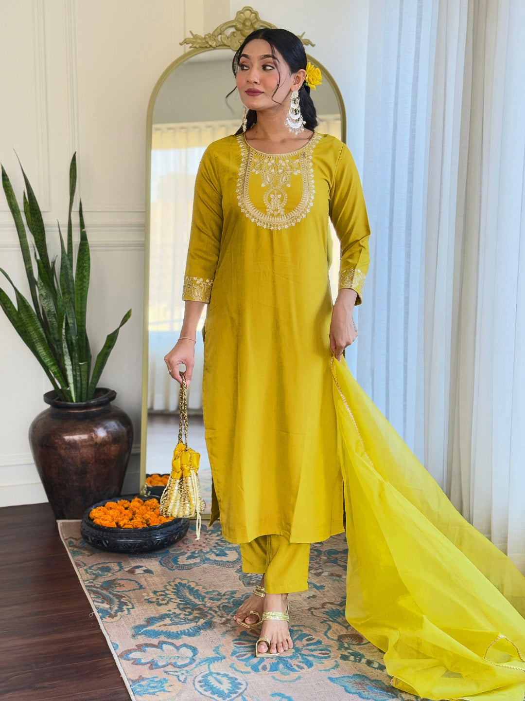 The52 Beautiful Embroidery Work with Rayon Slub Fabric Straight Kurta, Pant and Dupatta Set | Grocsy