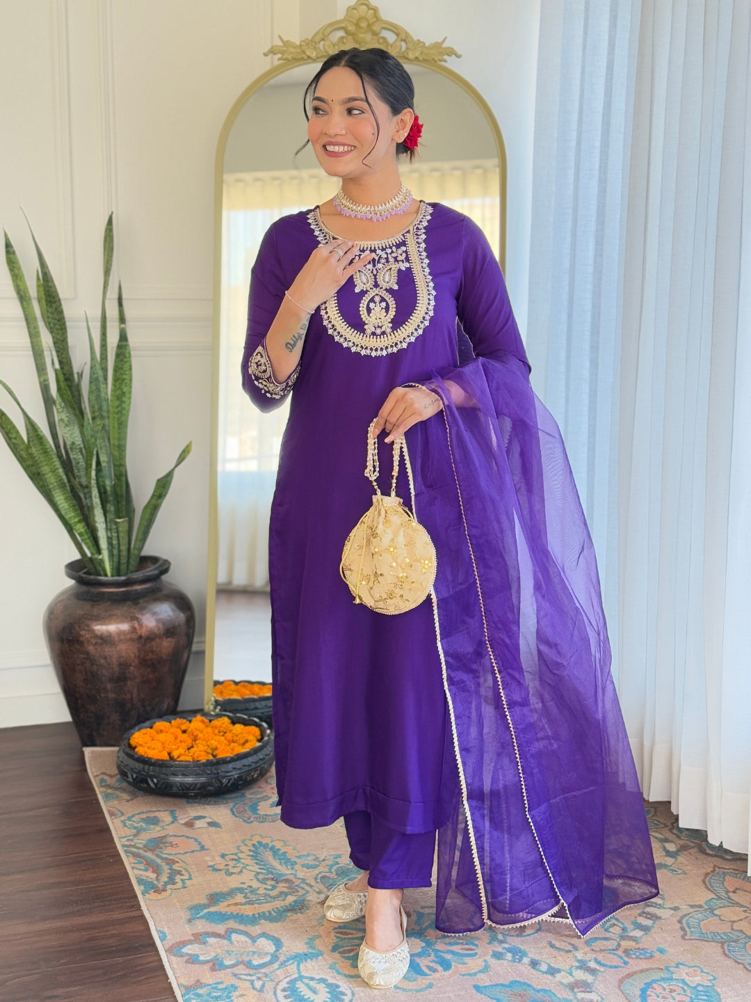 The52 Beautiful Embroidery Work with Rayon Slub Fabric Straight Kurta, Pant and Dupatta Set | Grocsy