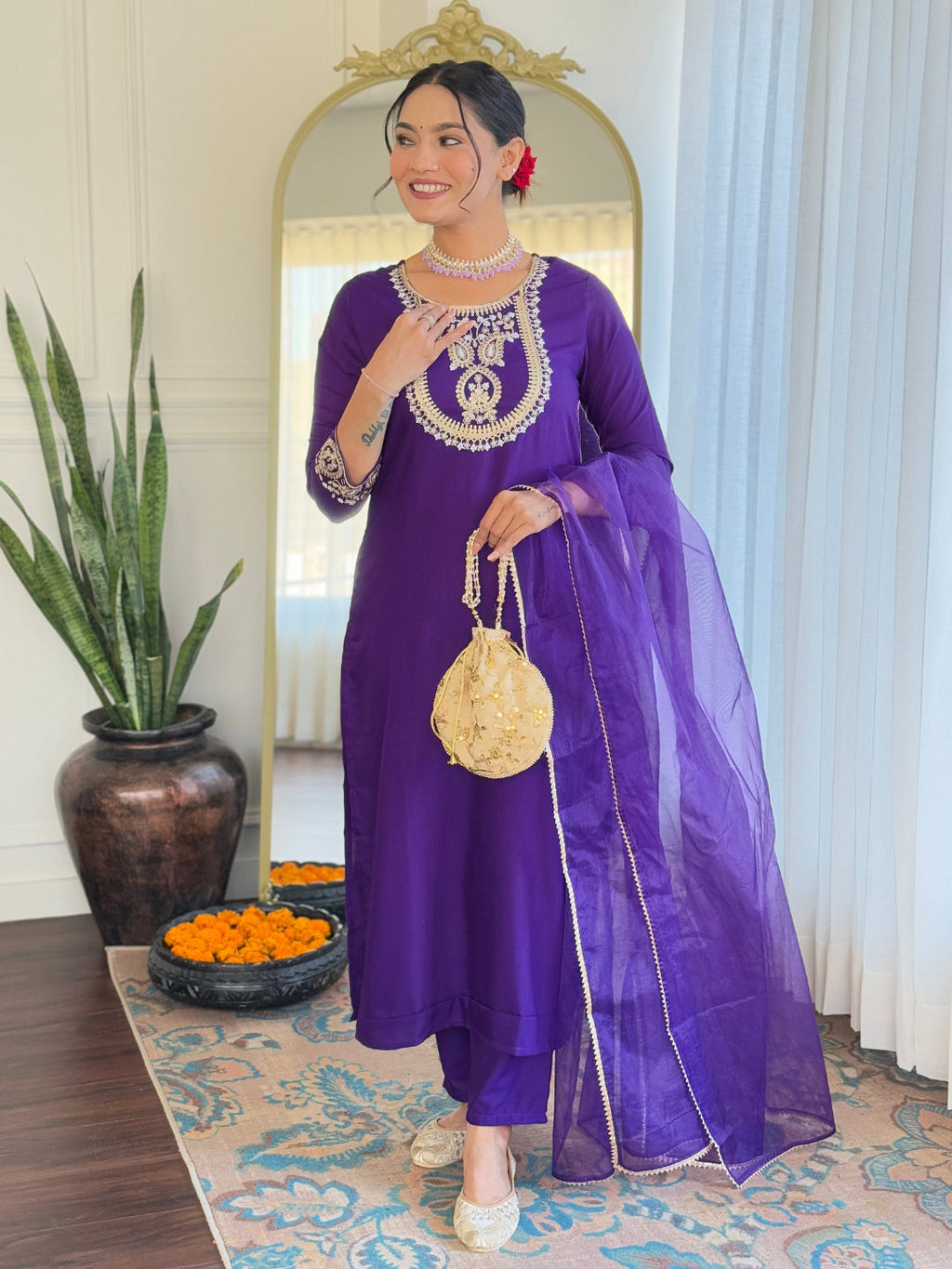 The52 Beautiful Embroidery Work with Rayon Slub Fabric Straight Kurta, Pant and Dupatta Set | Grocsy