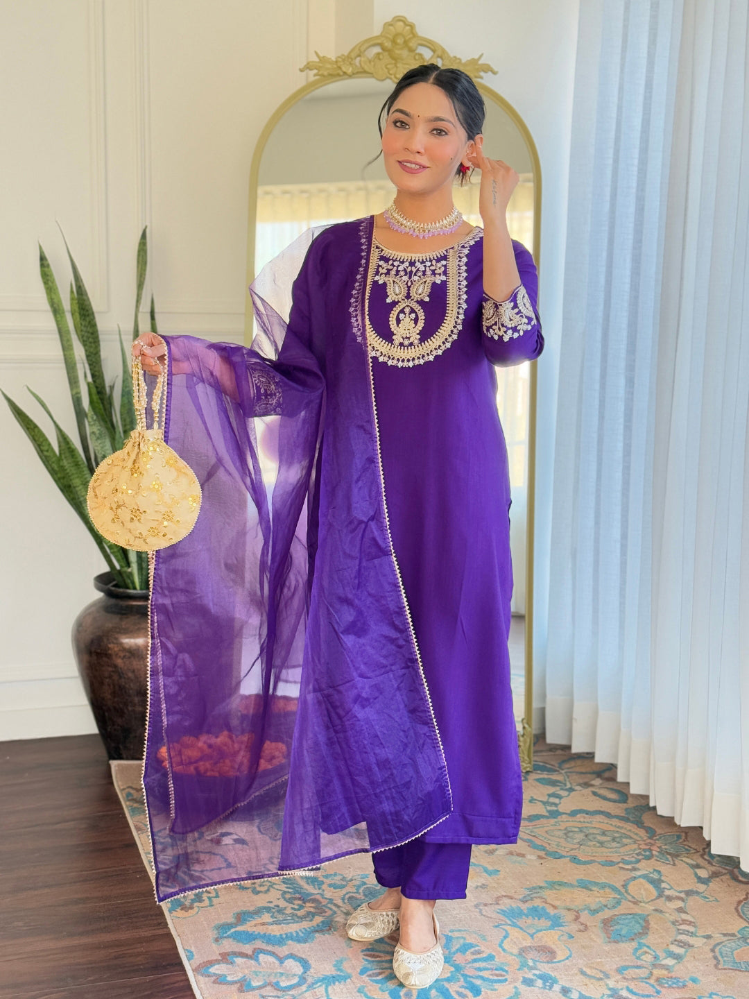 The52 Beautiful Embroidery Work with Rayon Slub Fabric Straight Kurta, Pant and Dupatta Set | Grocsy