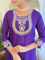 The52 Beautiful Embroidery Work with Rayon Slub Fabric Straight Kurta, Pant and Dupatta Set | Grocsy