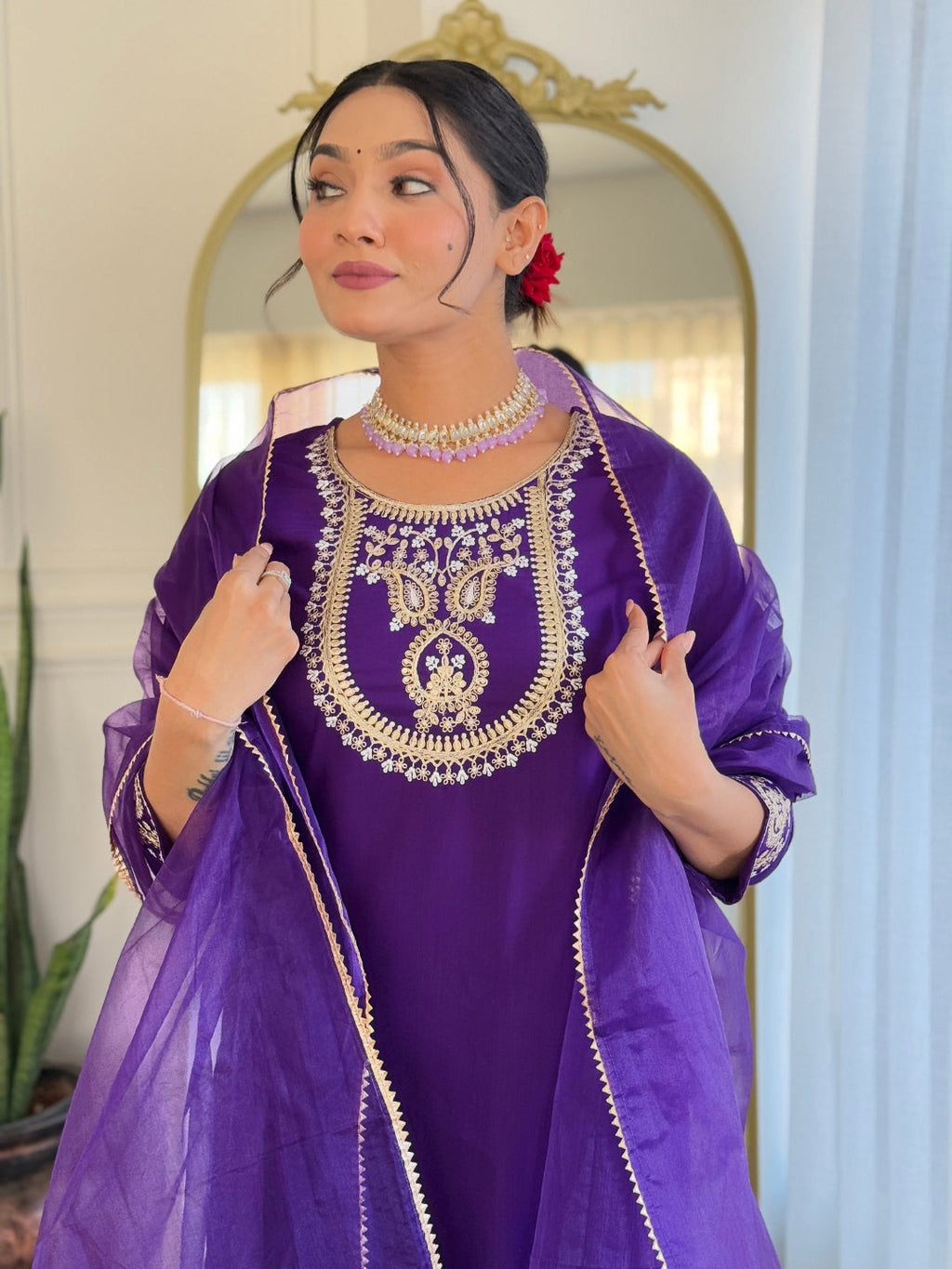 The52 Beautiful Embroidery Work with Rayon Slub Fabric Straight Kurta, Pant and Dupatta Set | Grocsy