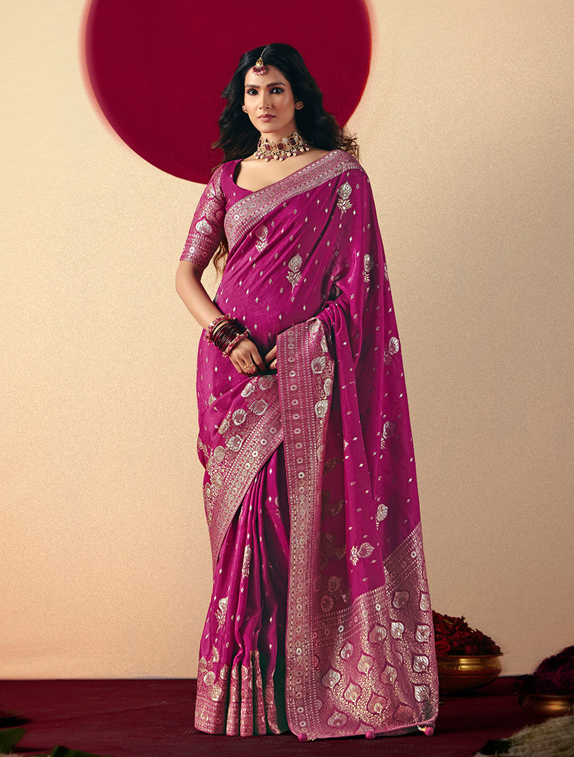 Monjolika Fashion Viscose Silk Magenta Saree With Rich Zari Weaving & Designer Tassels | Grocsy