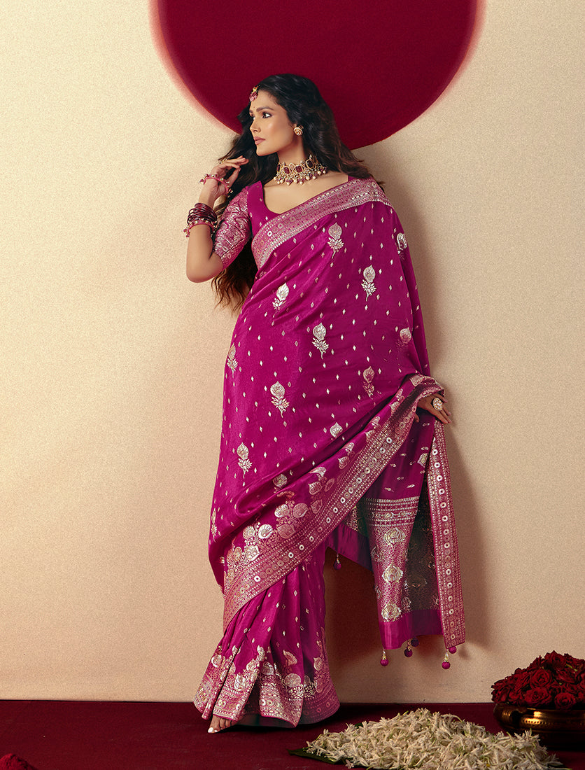 Monjolika Fashion Viscose Silk Magenta Saree With Rich Zari Weaving & Designer Tassels | Grocsy