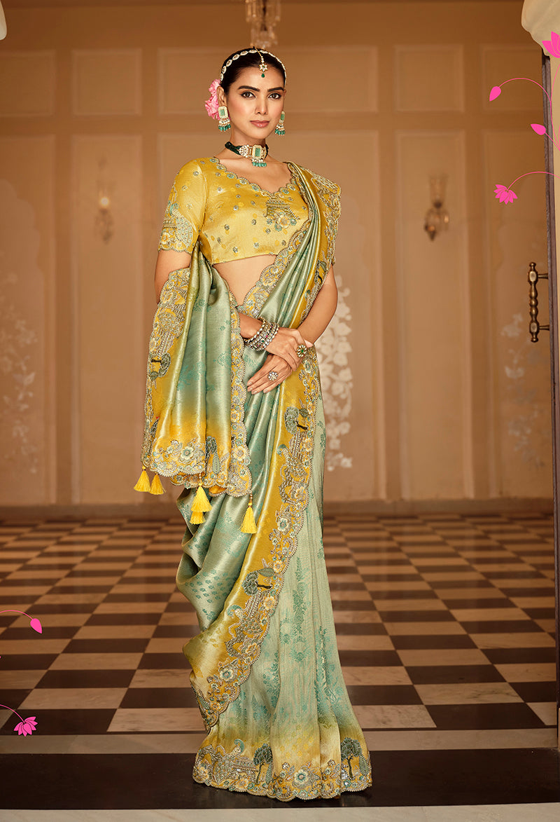 Monjolika Fashion Silk Blend Saree In Mint Green & Mustard Yellow With Meenakari Zari Weaving | Grocsy