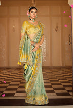 Monjolika Fashion Silk Blend Saree In Mint Green & Mustard Yellow With Meenakari Zari Weaving | Grocsy