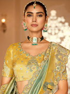 Monjolika Fashion Silk Blend Saree In Mint Green & Mustard Yellow With Meenakari Zari Weaving | Grocsy