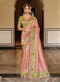 Monjolika Fashion Silk Blend Saree In Pastel Pink & Olive Green With Floral Meenakari Zari Work | Grocsy