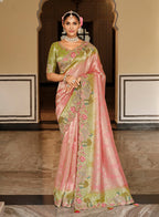 Monjolika Fashion Silk Blend Saree In Pastel Pink & Olive Green With Floral Meenakari Zari Work | Grocsy