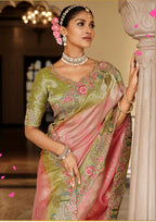 Monjolika Fashion Silk Blend Saree In Pastel Pink & Olive Green With Floral Meenakari Zari Work | Grocsy