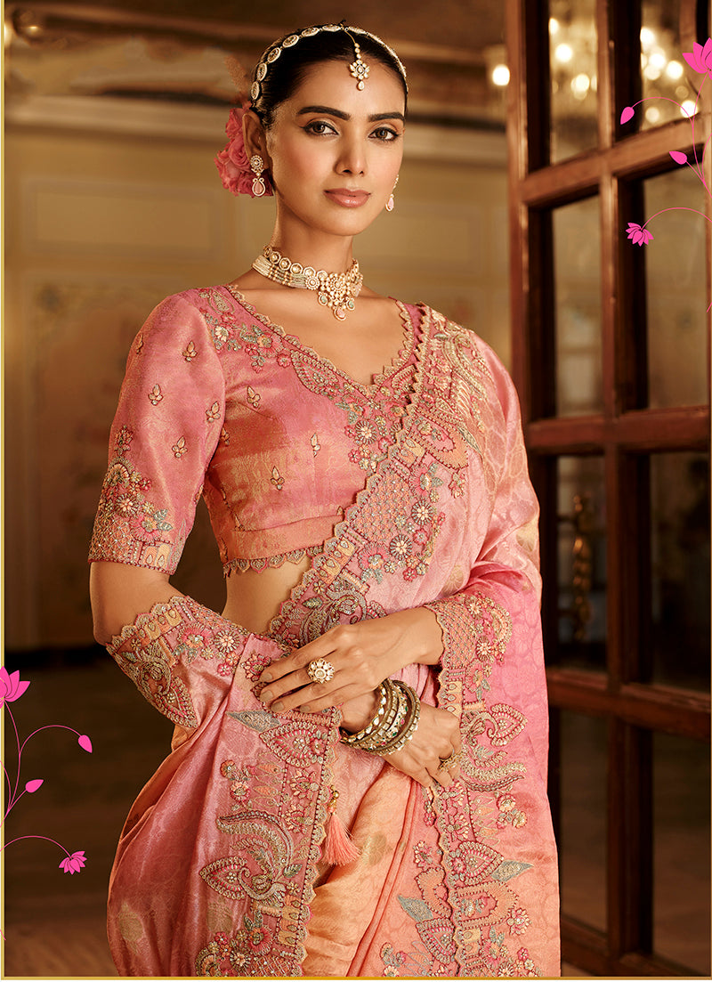 Monjolika Fashion Silk Blend Saree In Peach & Rose Pink With Intricate Meenakari Zari Detailing | Grocsy